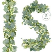 Huryfox Eucalyptus Garlands, 2 Pcs Lush Fake Plants Greenery Garland with Flowers- Artificial Hanging Green Vines, Perfect Wall Decor for Bedroom
